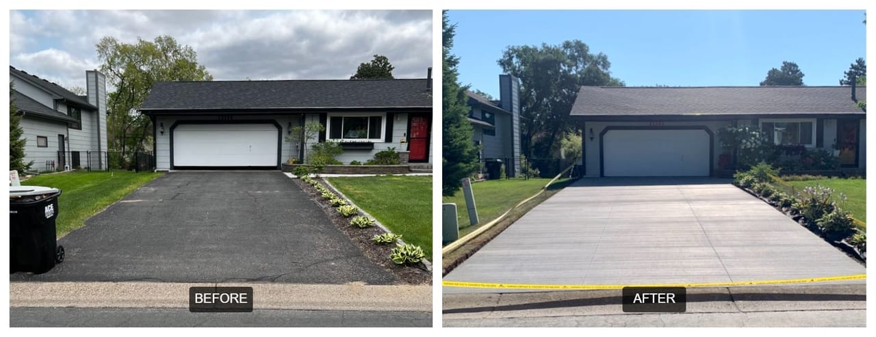 Before and after of a driveway project in Andover, MN by Aurora's concrete driveway repair and replacement team.