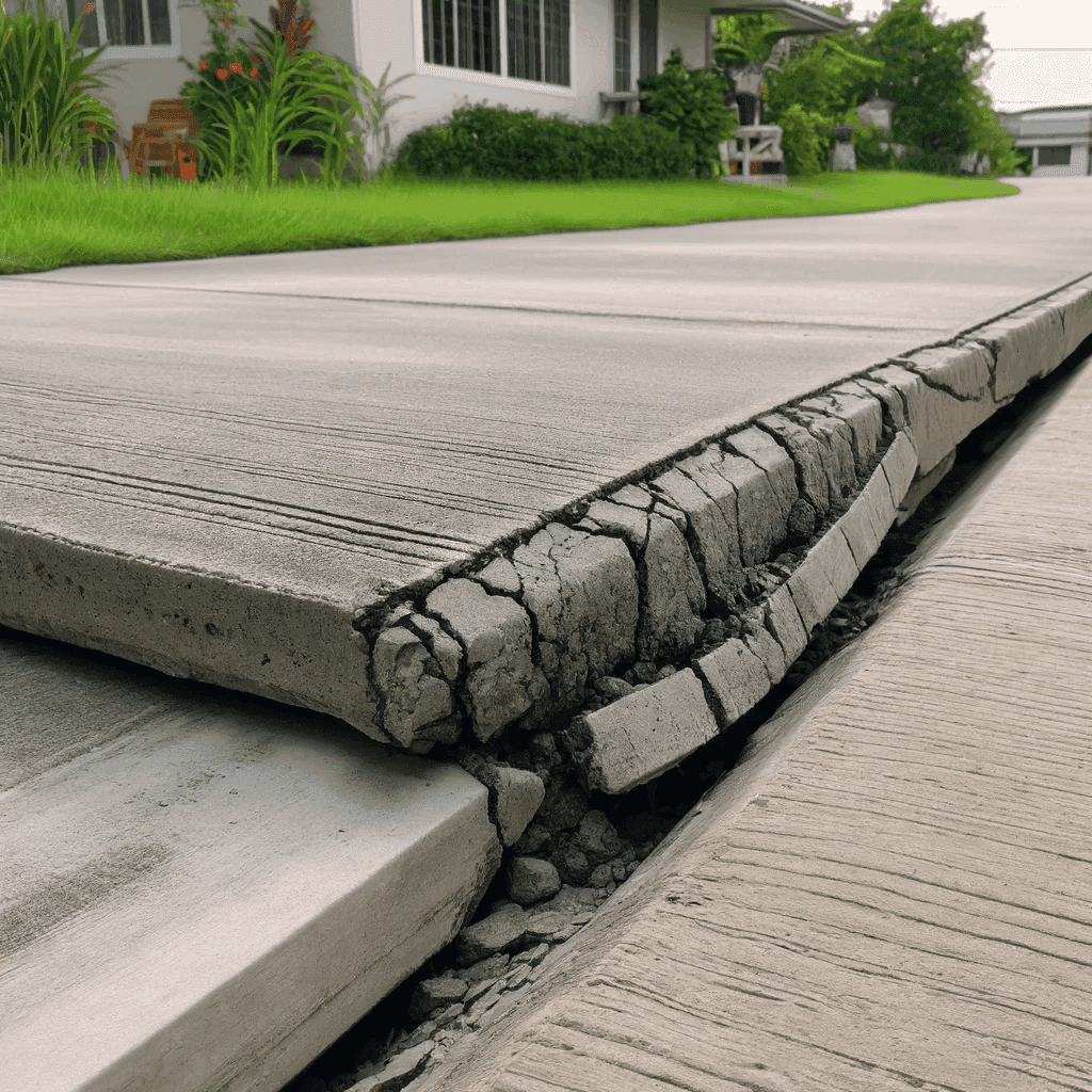 Sunken, uneven concrete slab with a raised edge that needs sunken driveway repair.