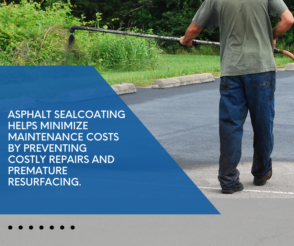 Asphalt sealcoating helps minimize maintenance costs by preventing costly repairs and premature resurfacing." Background shows a person sealcoating a driveway in Rogers, MN.
